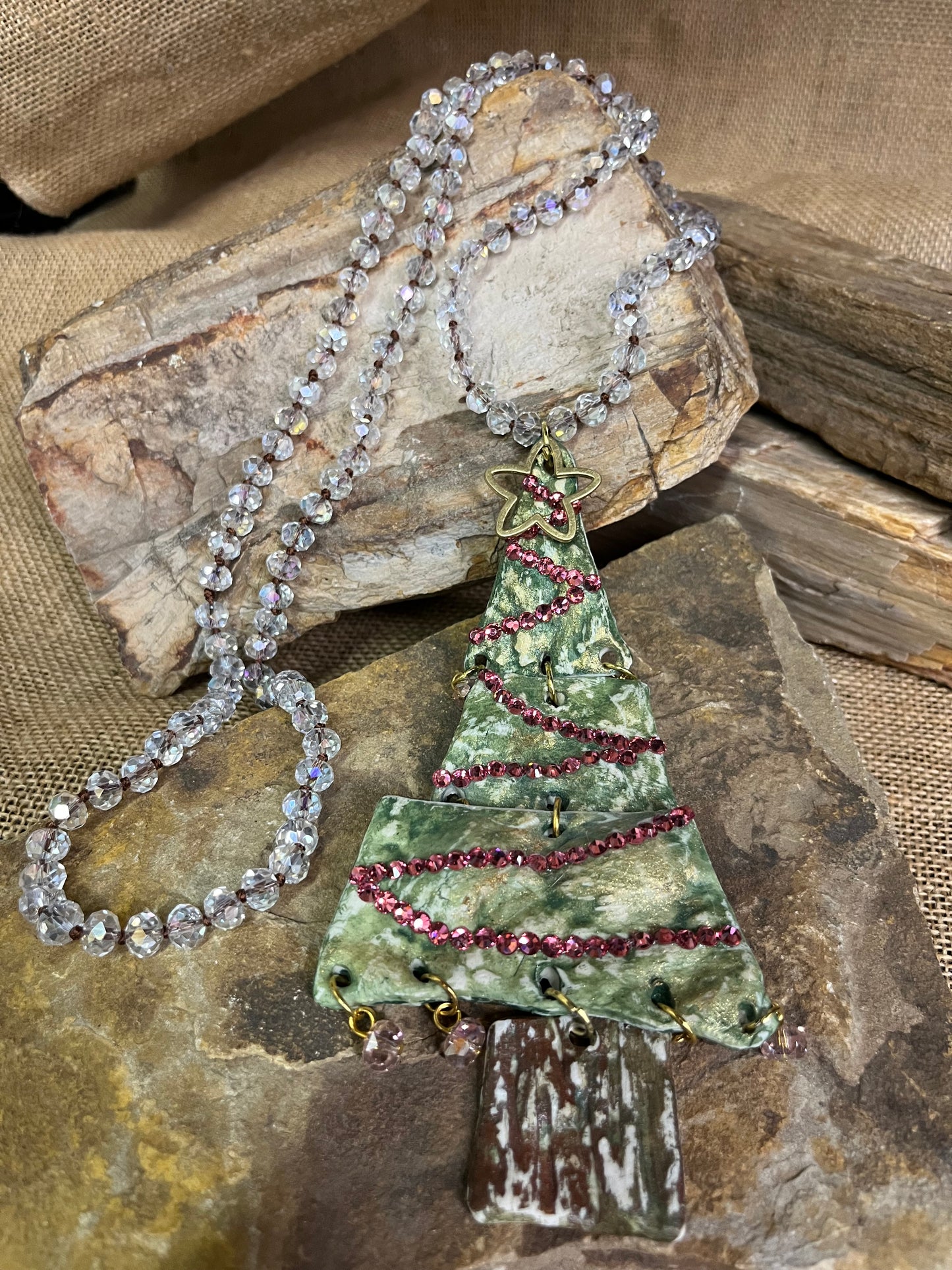 Large Handcrafted Clay Christmas Tree on Beaded Necklace