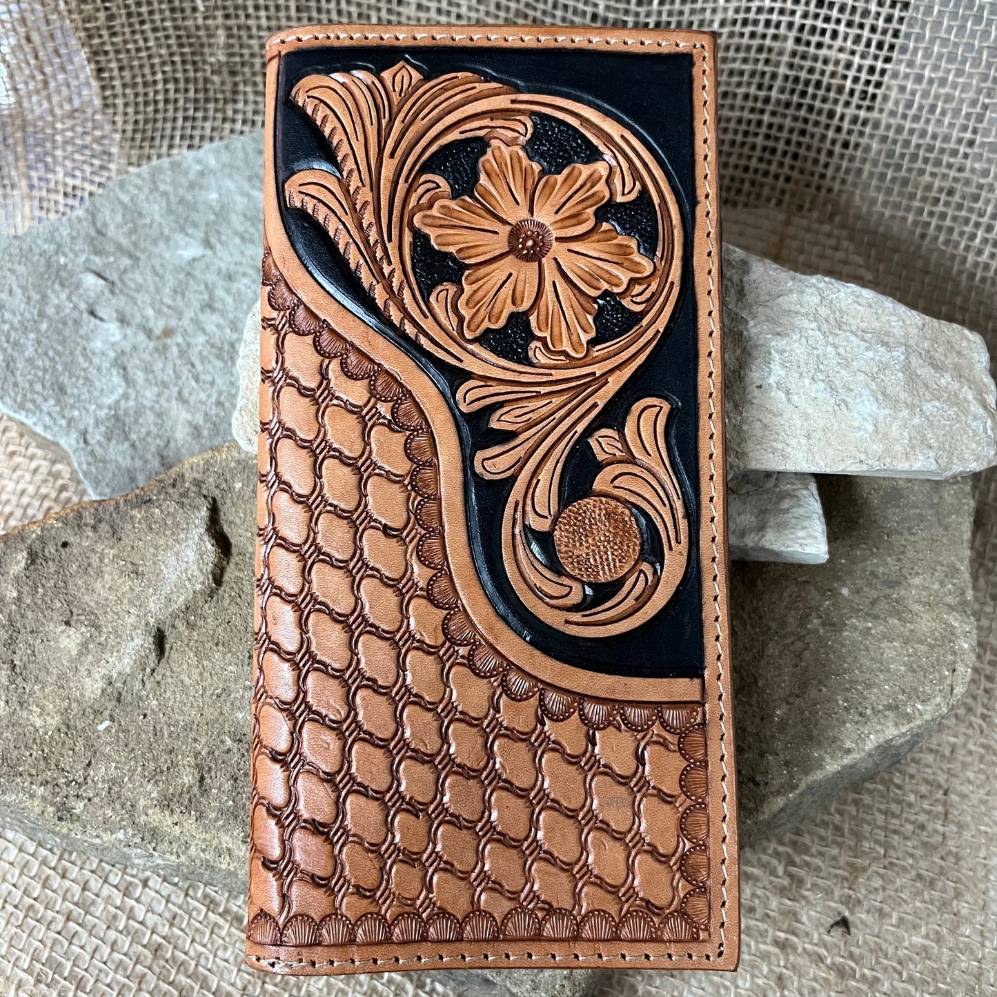 Ranger Belt Company Floral Tooling Tan and Black Bifold Wallet