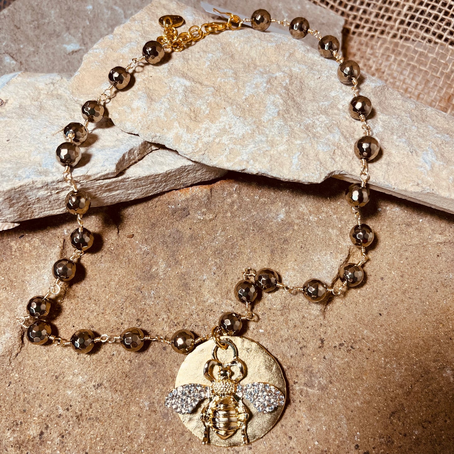 Pave' Bee and Gold Pewter Coin Pendant necklace