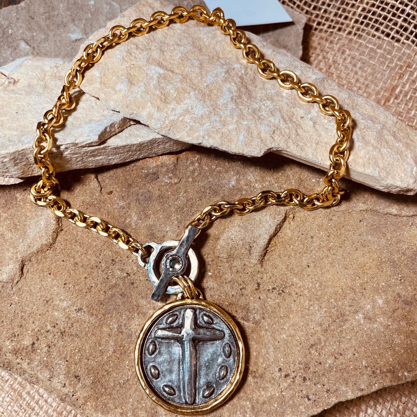 Two Tone Cross Pendant with Swarovski Crystal Toggle Necklace