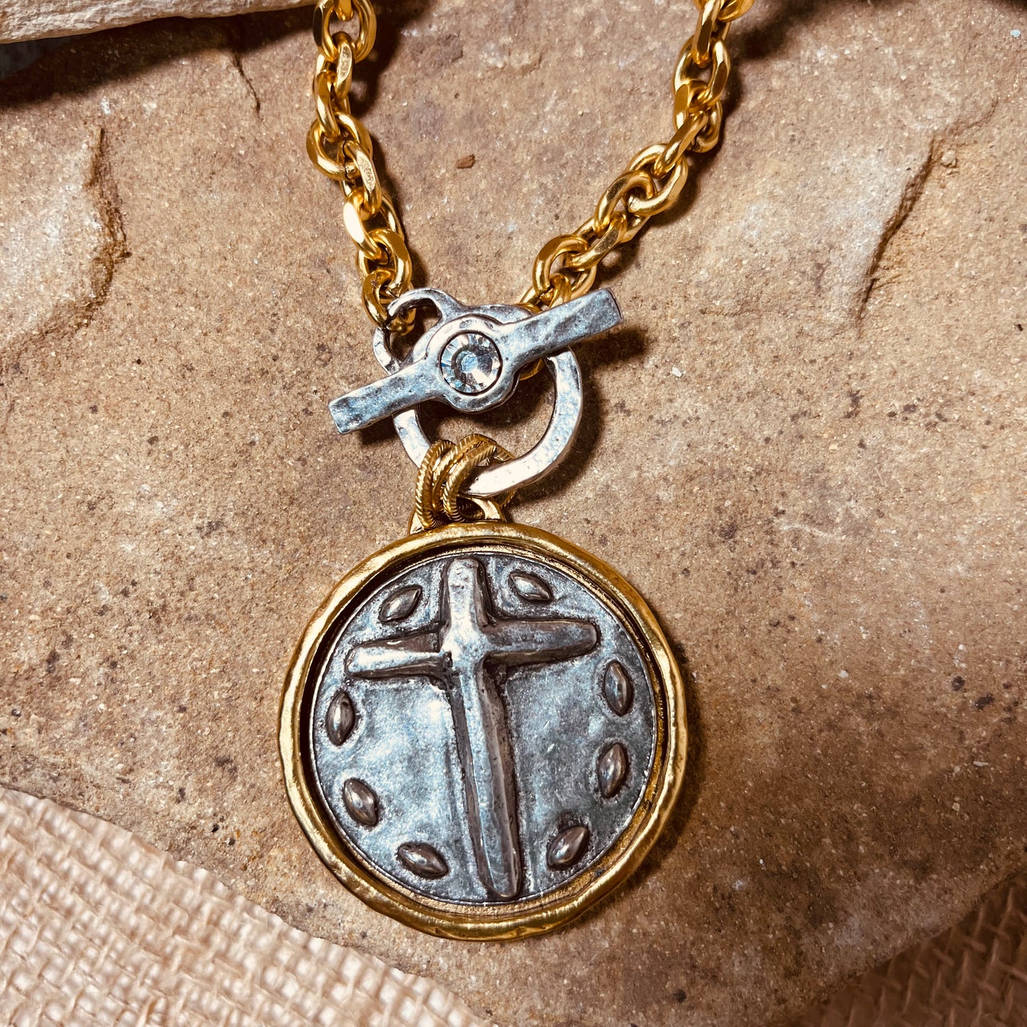 Two Tone Cross Pendant with Swarovski Crystal Toggle Necklace