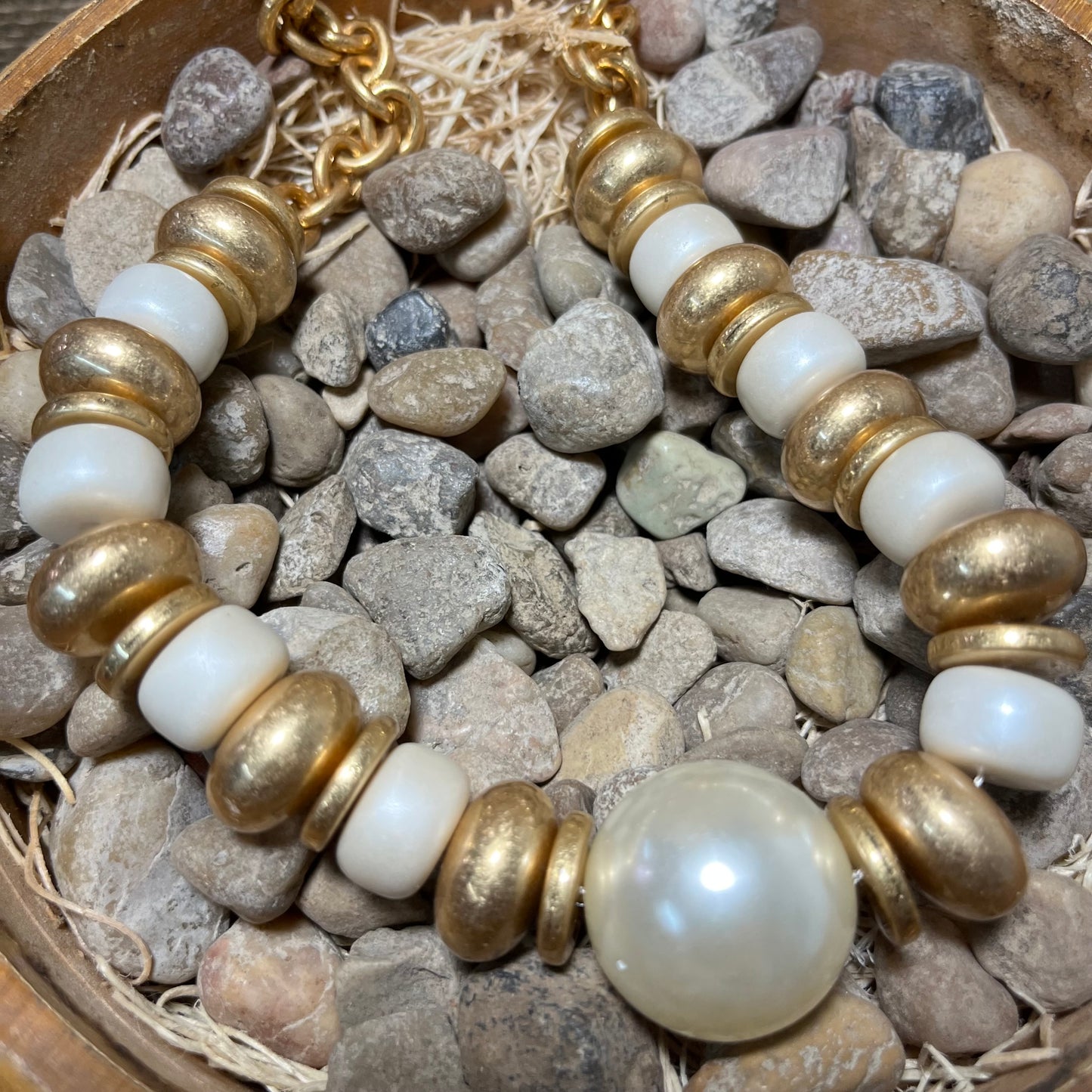 Gold Link Necklace with Pearl and Gold Disk