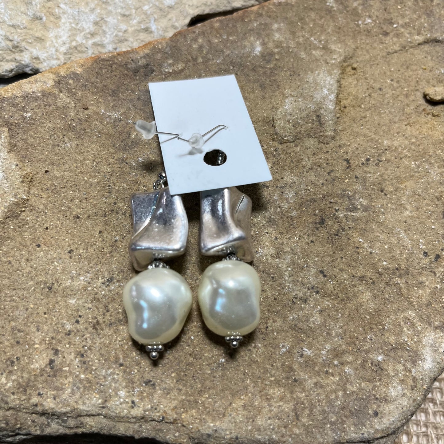 Gray Asymmetrical Block with Pearl Drop Earrings