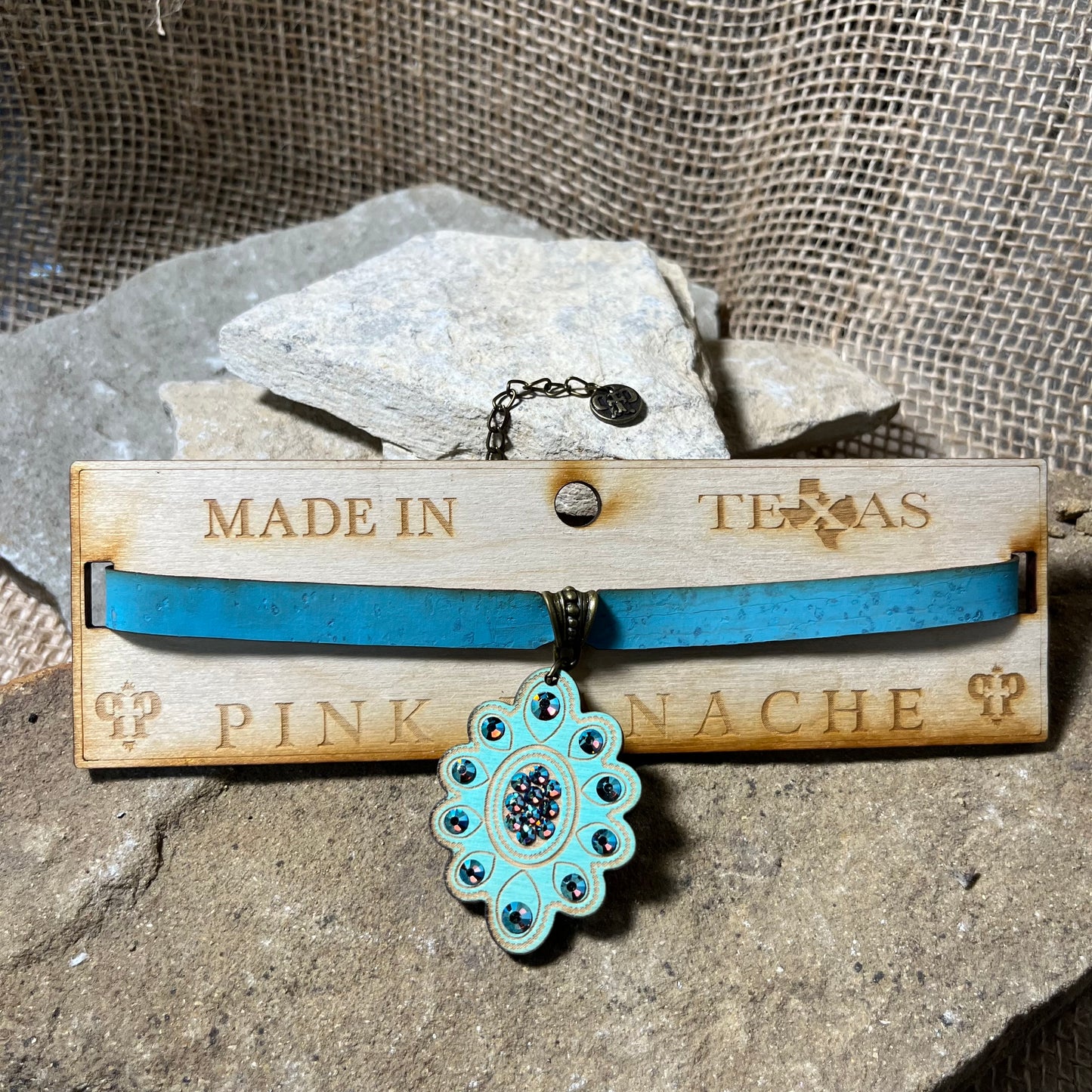 Teal Choker with Crystal Embellished Wood Pendent