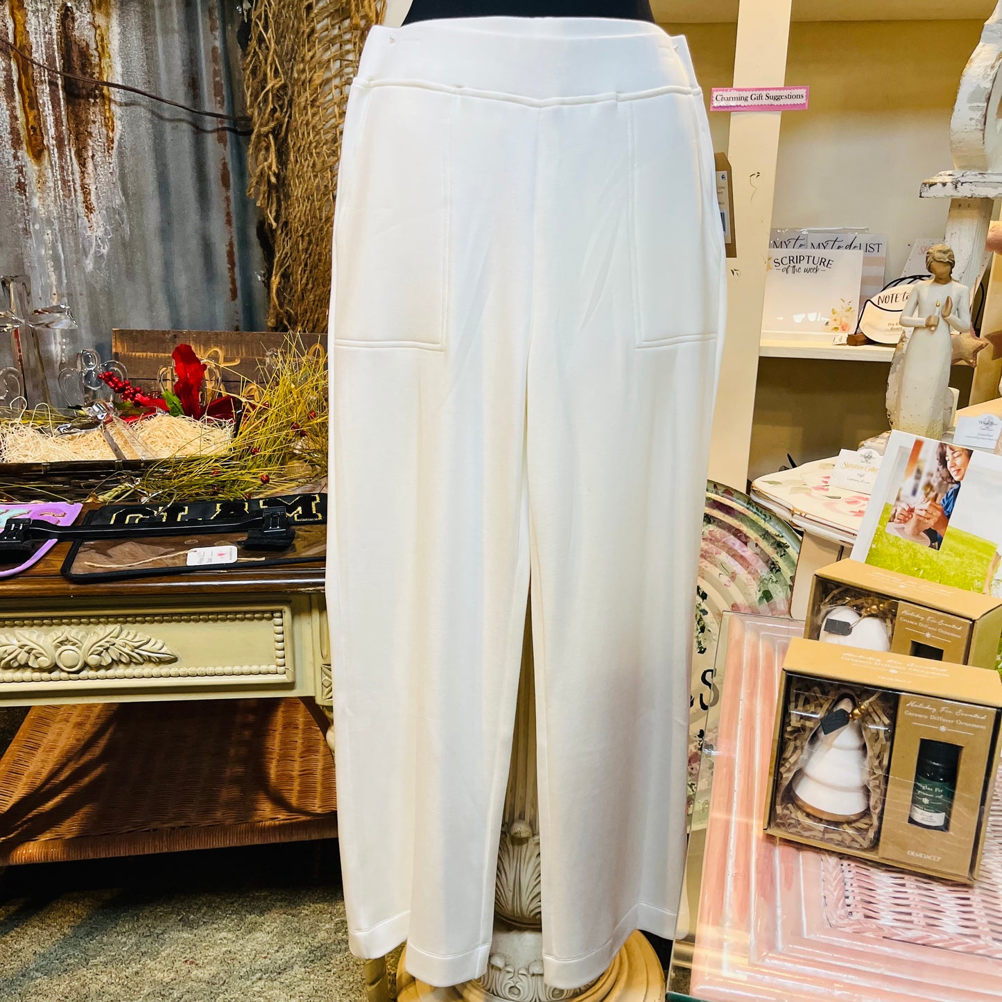 Wide Leg Pull On Knit Pant Off White