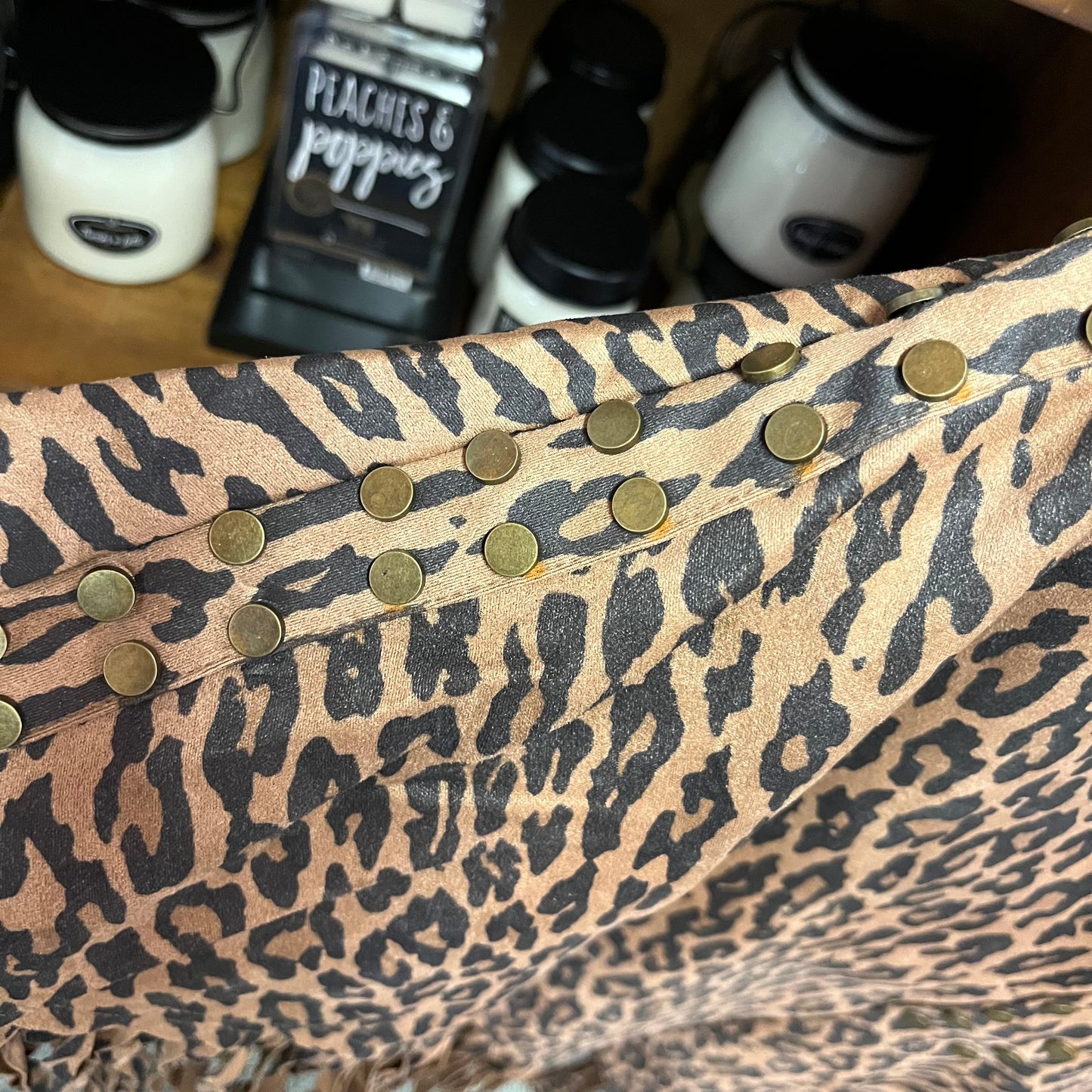 Leopard Print Poncho with Stud Embellishment and Fringe Trim