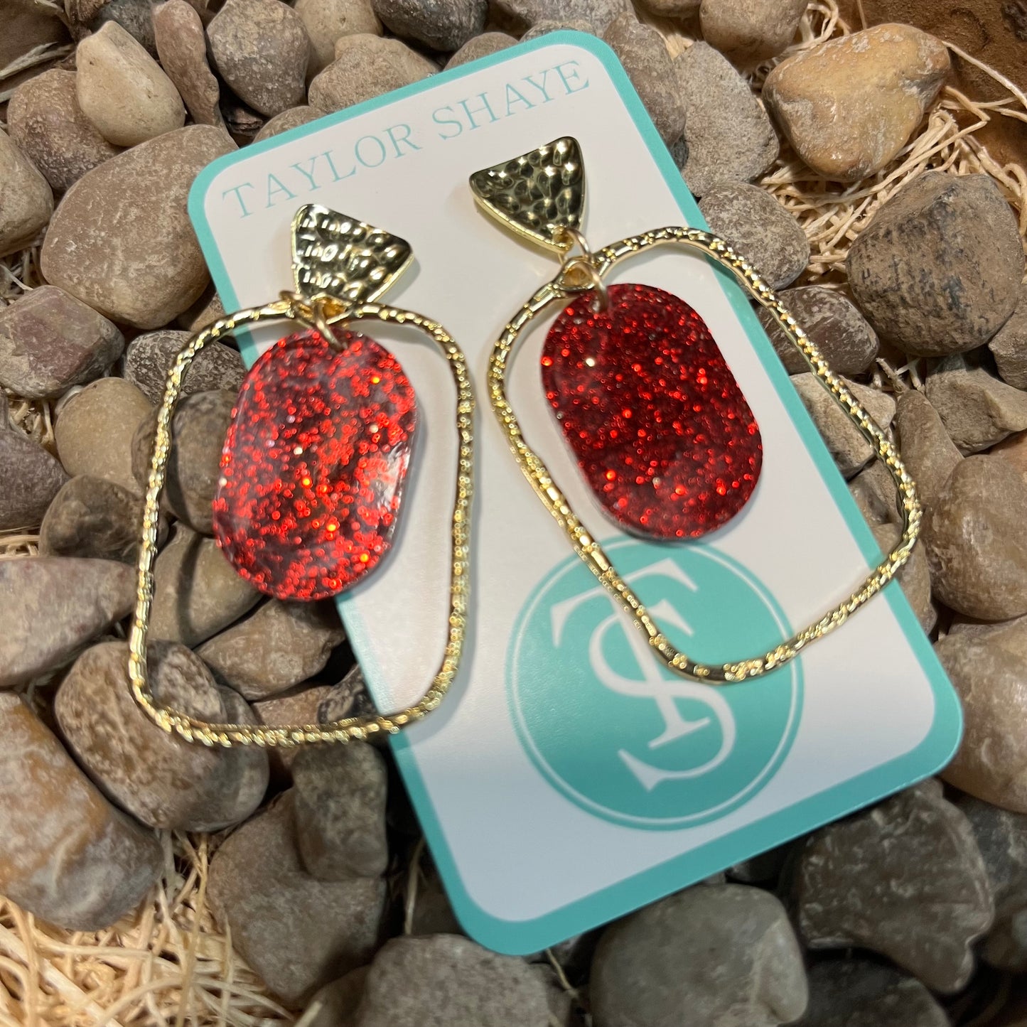 Red Glitter Oval Hoop Earrings
