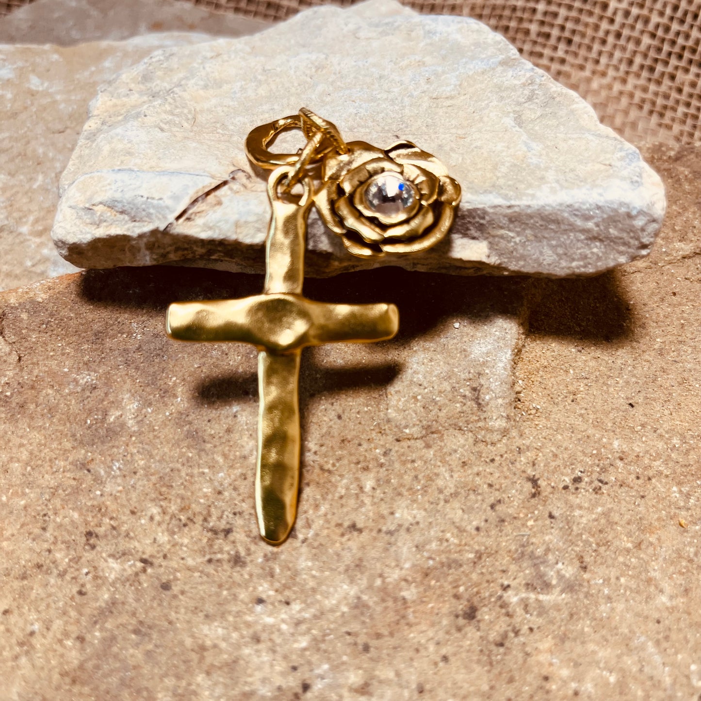 Cross and Rose with Crystal Charm