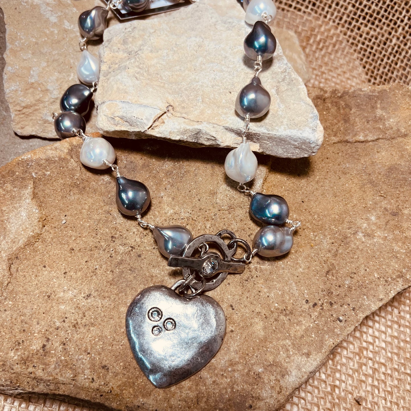 Silver and White Pearl Necklace with Heart Pendant