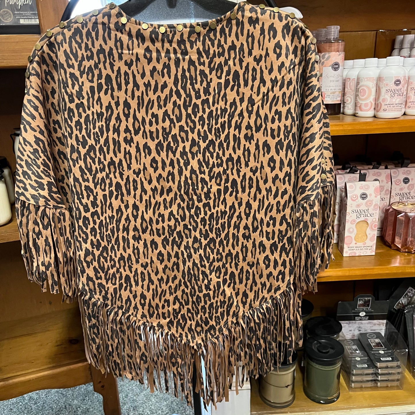 Leopard Print Poncho with Stud Embellishment and Fringe Trim