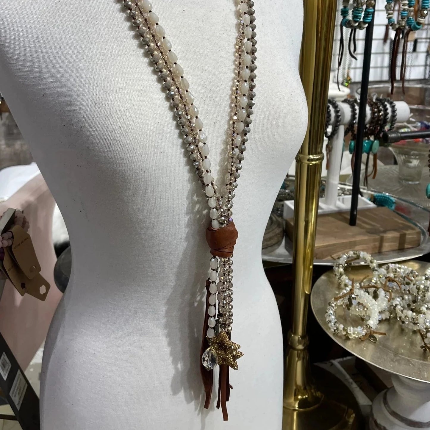 Neutral Mix Triple Strand with Topaz Crystals and Gold Stars
