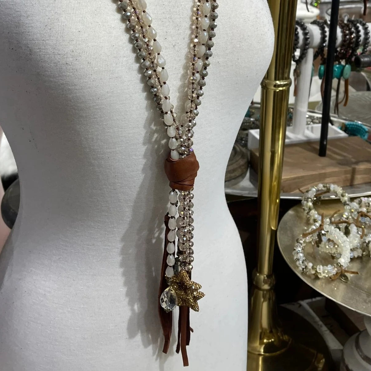 Neutral Mix Triple Strand with Topaz Crystals and Gold Stars