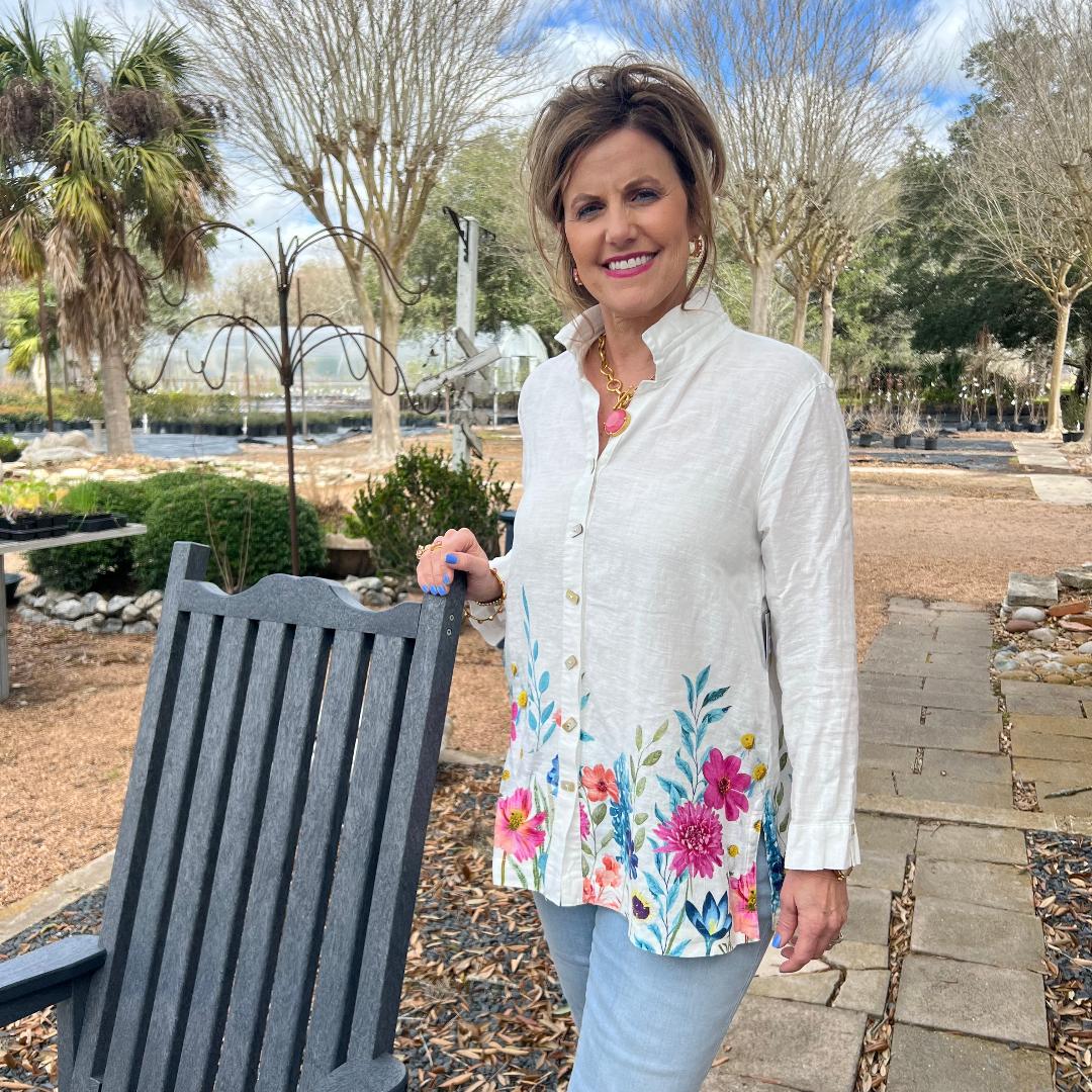 Floral Border Print with Wire Collar Button Up Front