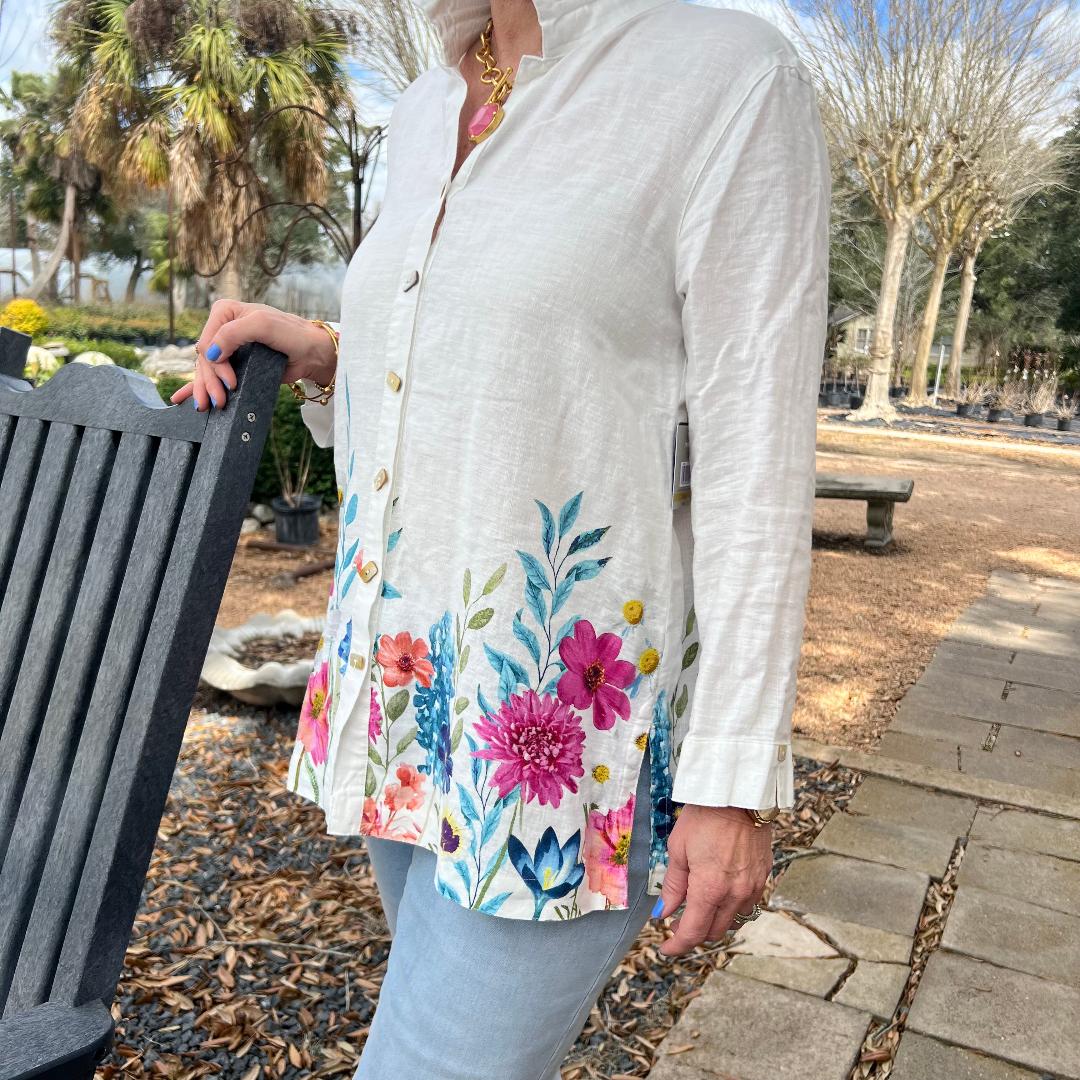 Floral Border Print with Wire Collar Button Up Front