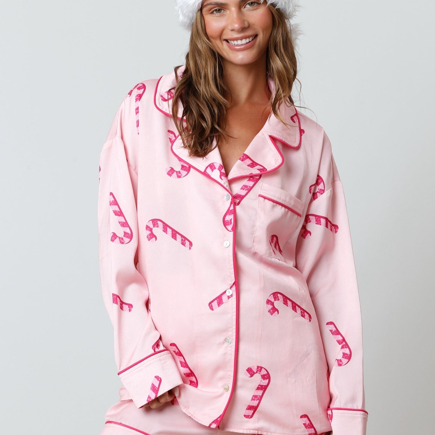 Candy Cane Pattern Satin Pajama Shirt