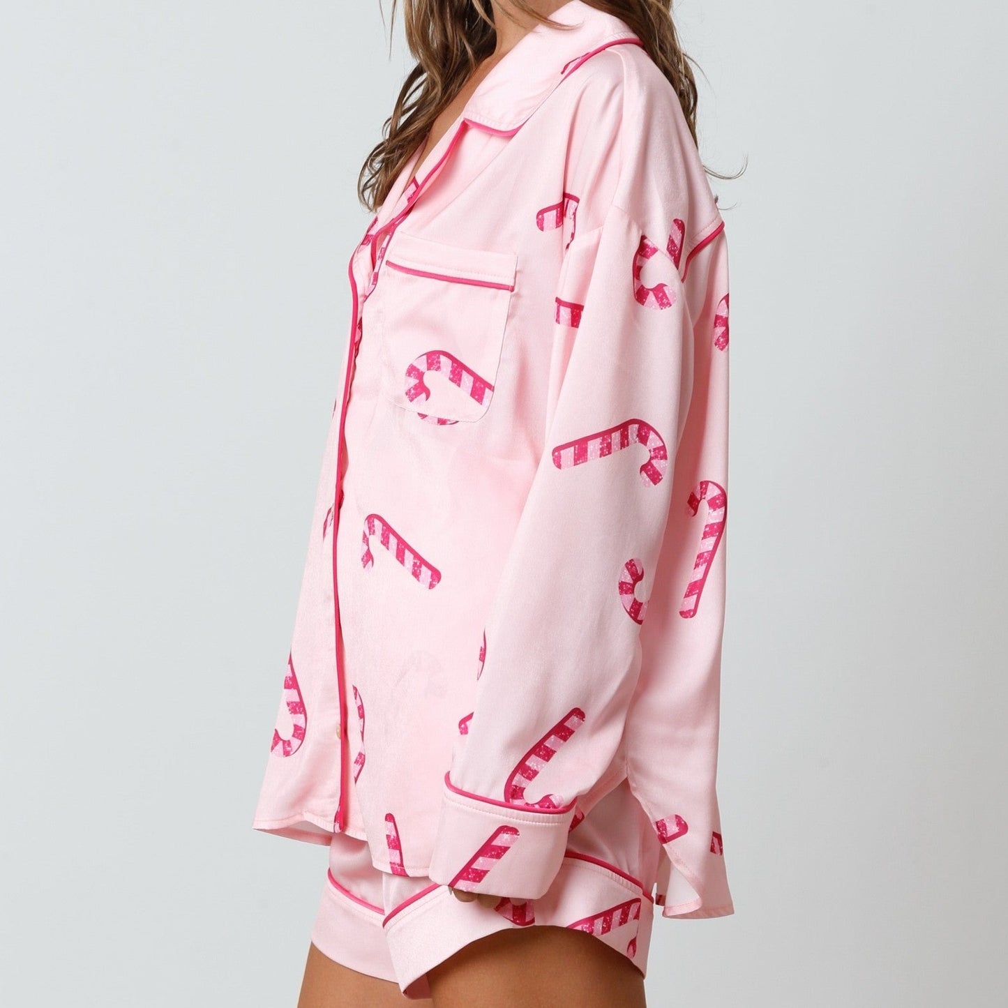 Candy Cane Pattern Satin Pajama Shirt