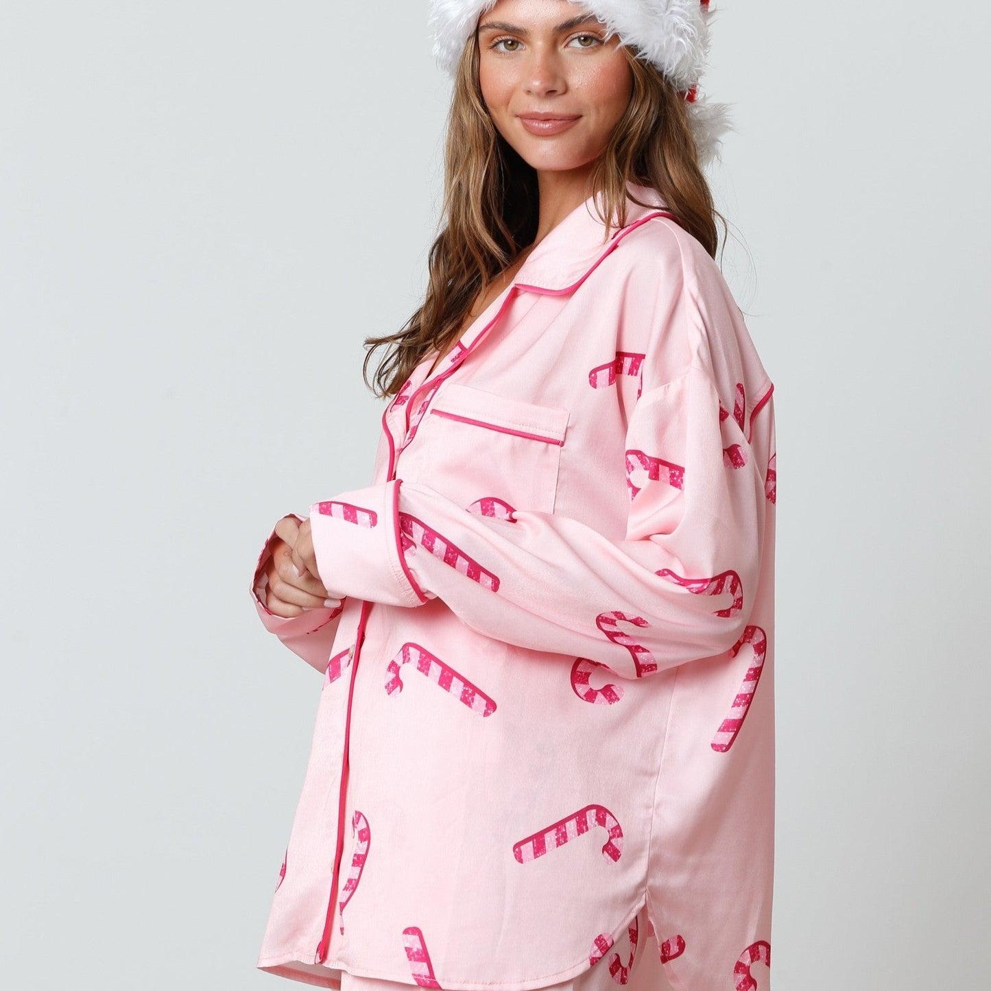 Candy Cane Pattern Satin Pajama Shirt