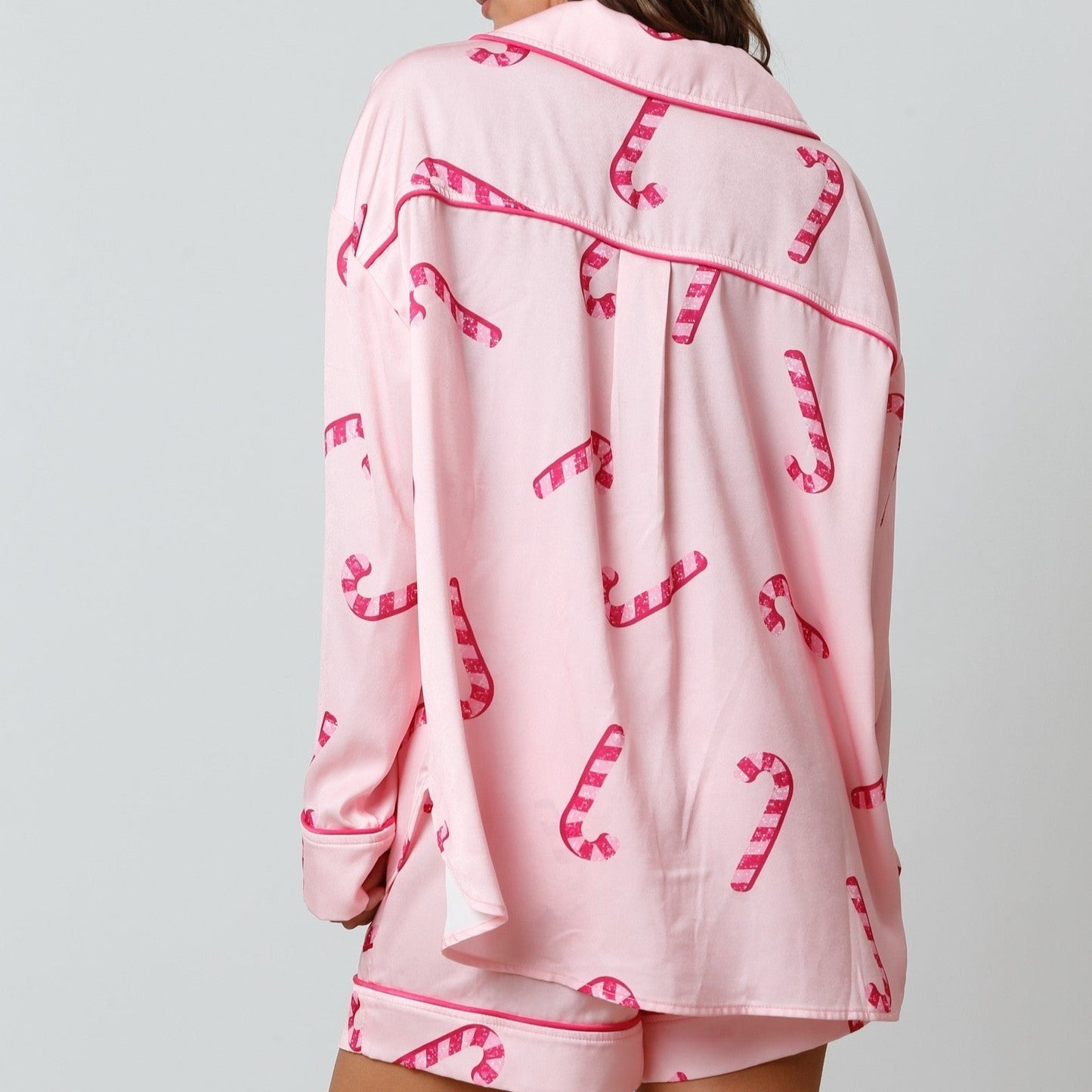 Candy Cane Pattern Satin Pajama Shirt