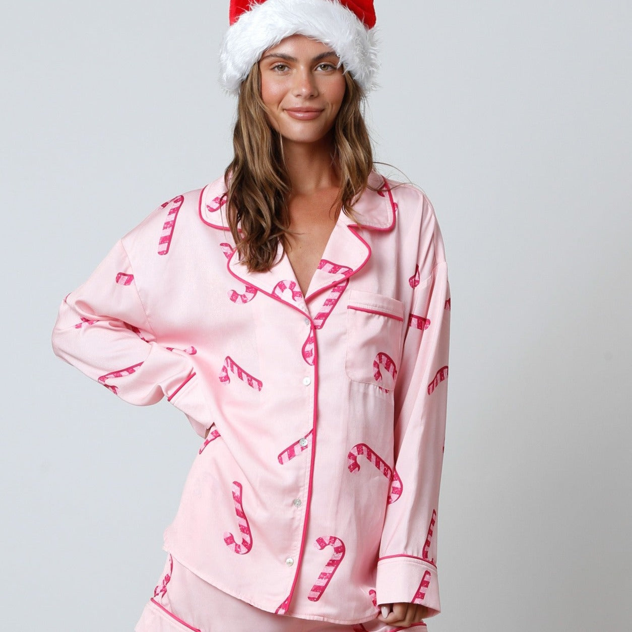 Candy Cane Pattern Satin Pajama Shirt