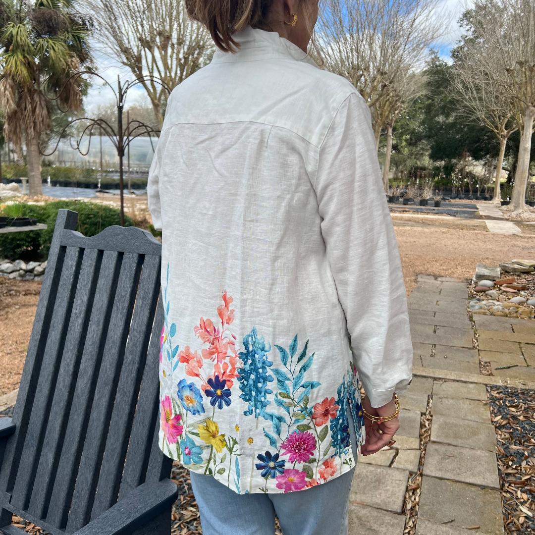 Floral Border Print with Wire Collar Button Up Front
