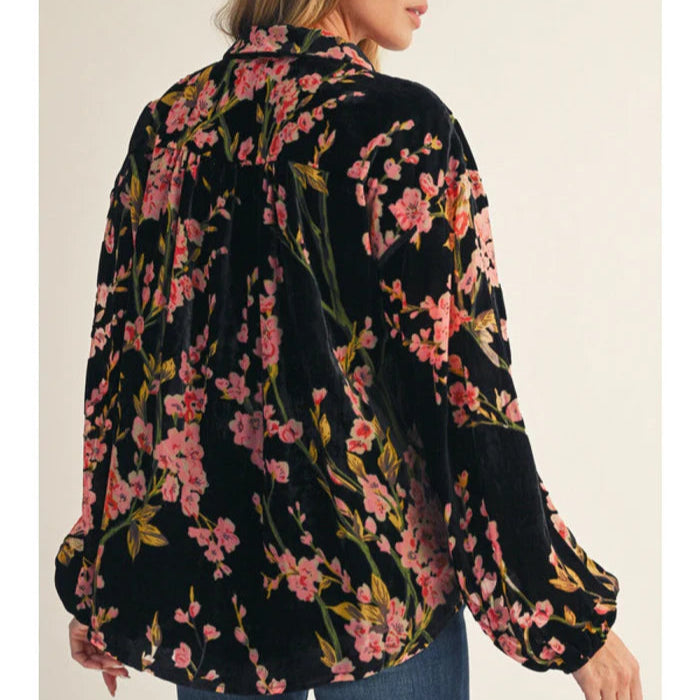 Jodifl Long Sleeve Button Down Floral Velvet Blouse