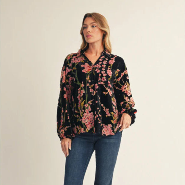 Jodifl Long Sleeve Button Down Floral Velvet Blouse