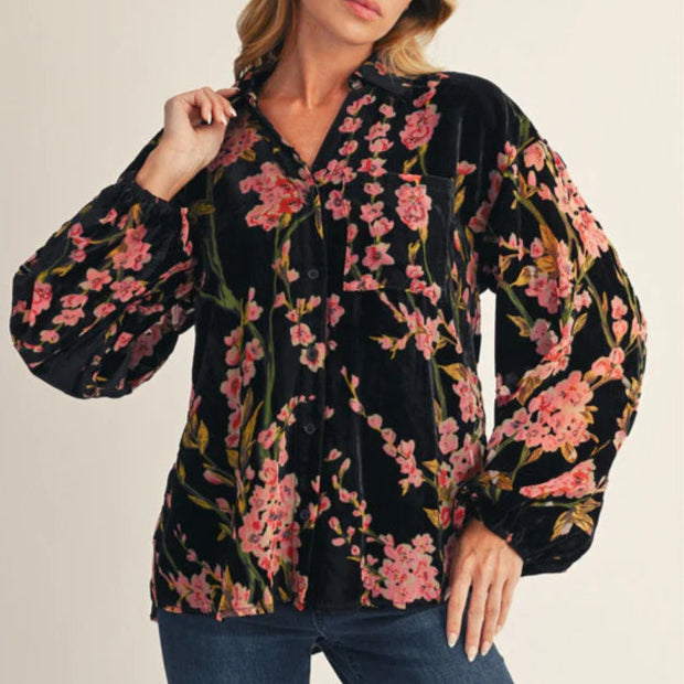 Jodifl Long Sleeve Button Down Floral Velvet Blouse