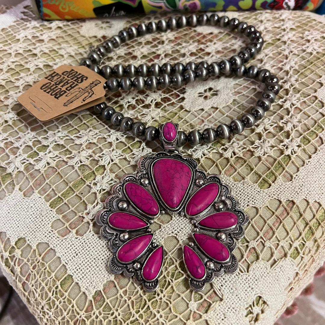 Fushia Pink Statement Squash Blossom Stone Necklace