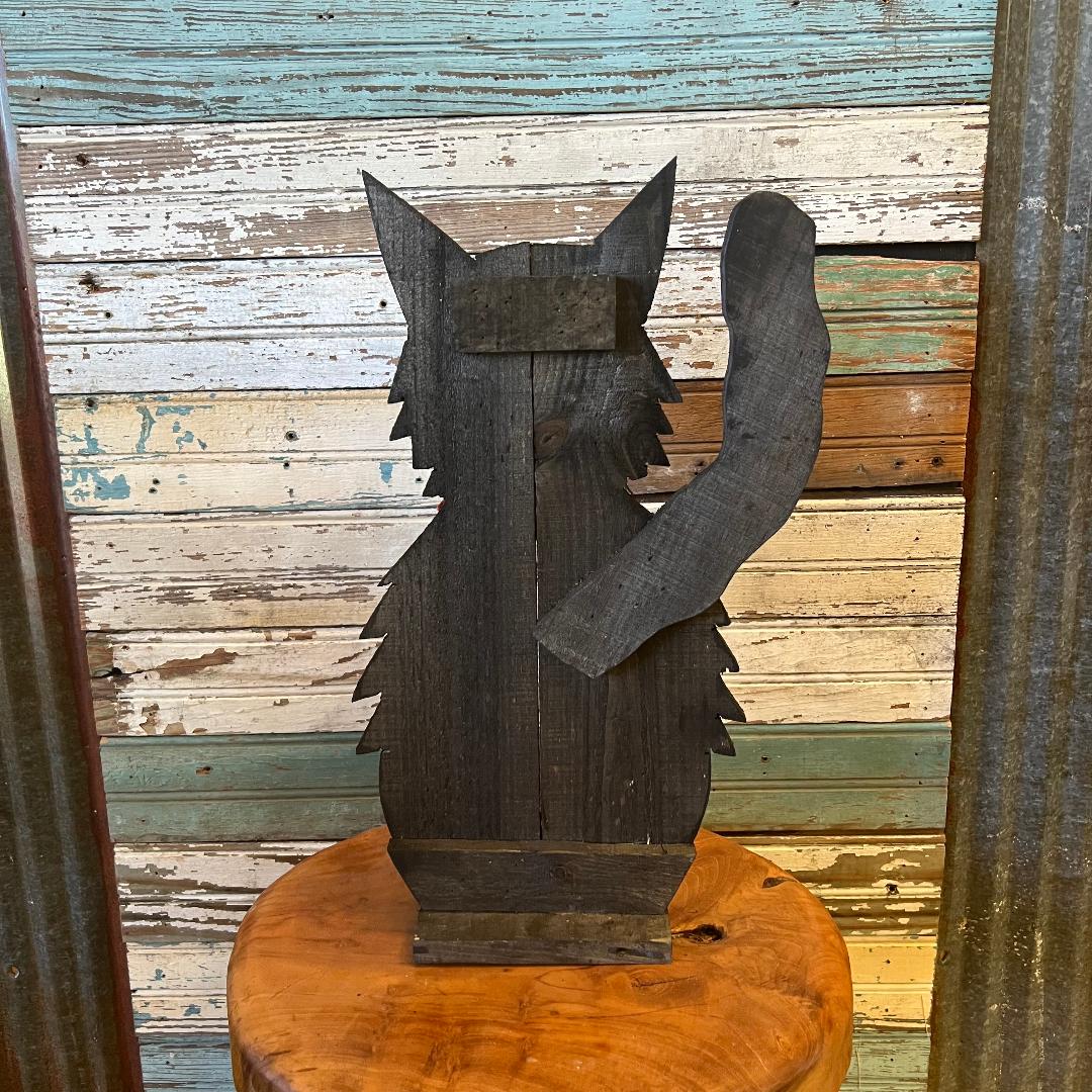 Primitive Black Wood Large Cat with Orange Bow