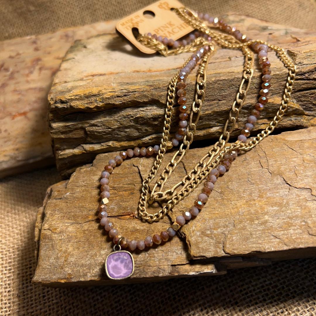 Gold Chain & Lavender Stone Triple Necklace