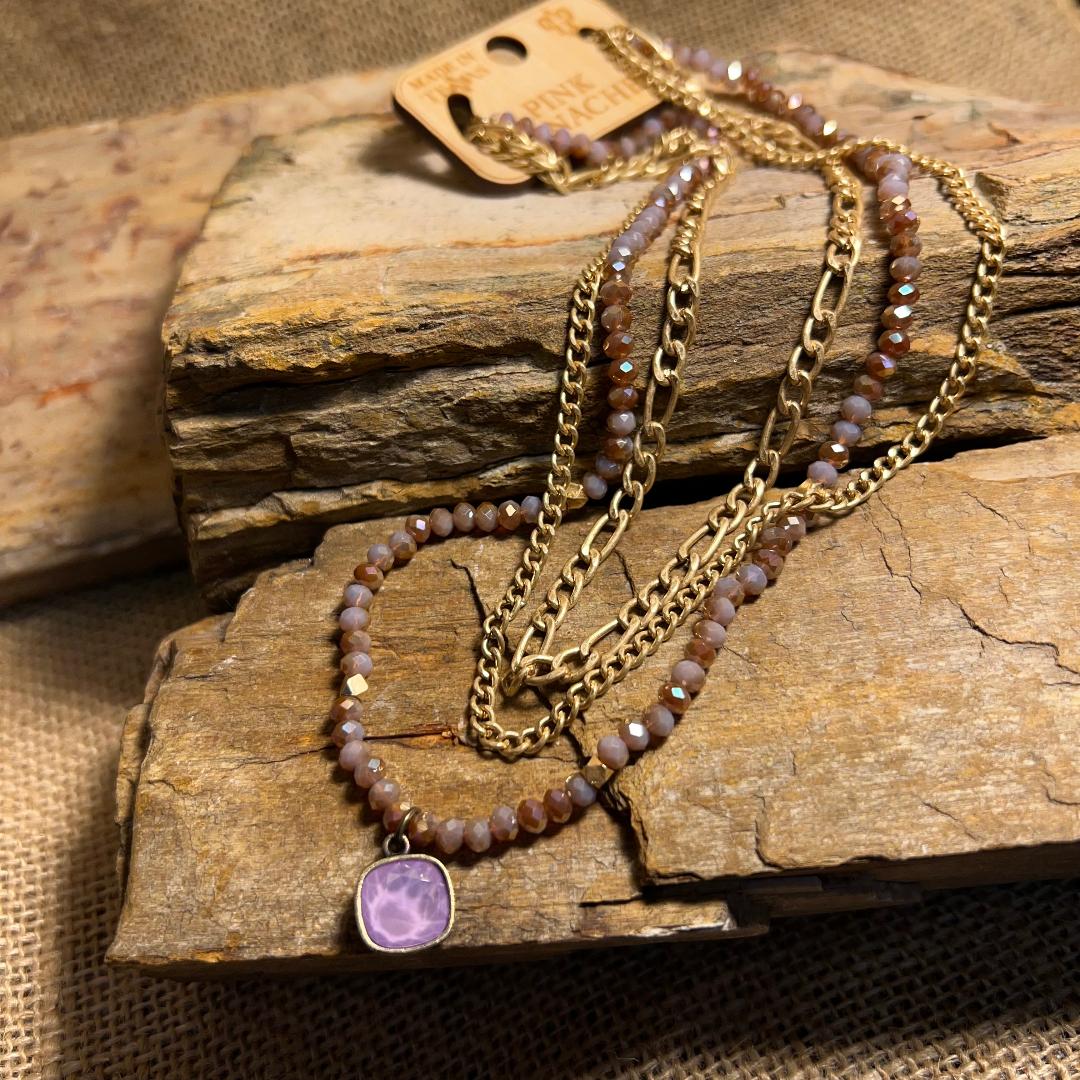 Gold Chain & Lavender Stone Triple Necklace