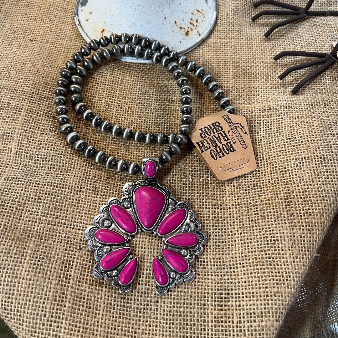 Fushia Pink Statement Squash Blossom Stone Necklace