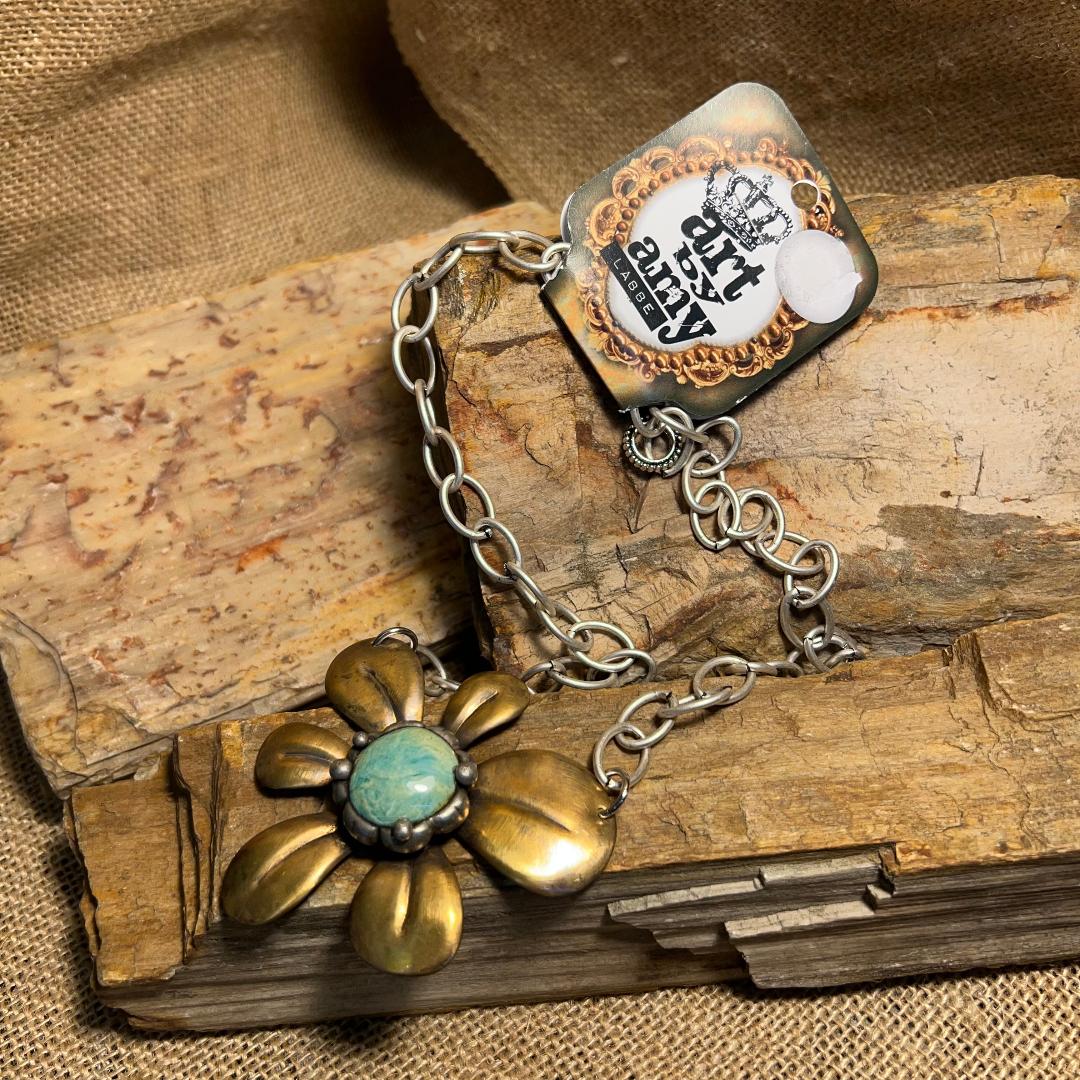 Lovely Turquoise Daisy and Brass Unforgettable Necklace