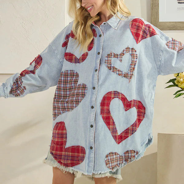 Washed Plaid Heart Patchwork Button Down Shirt
