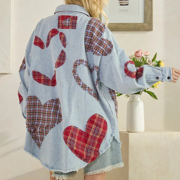 Washed Plaid Heart Patchwork Button Down Shirt
