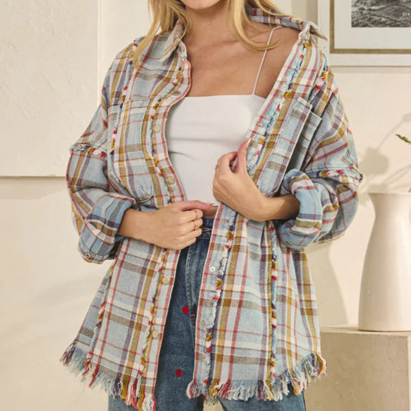 Washed Plaid Snap Button Down Jacket