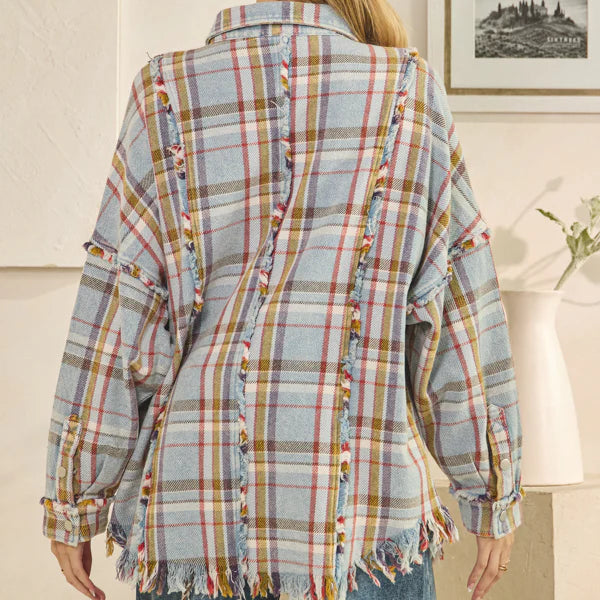 Washed Plaid Snap Button Down Jacket