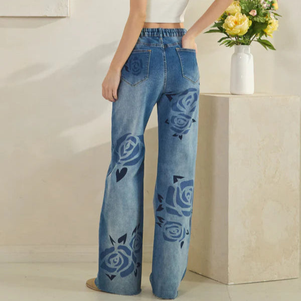 Washed Rose Print Detail Medium Wash Jeans
