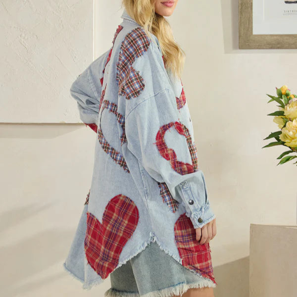Washed Plaid Heart Patchwork Button Down Shirt