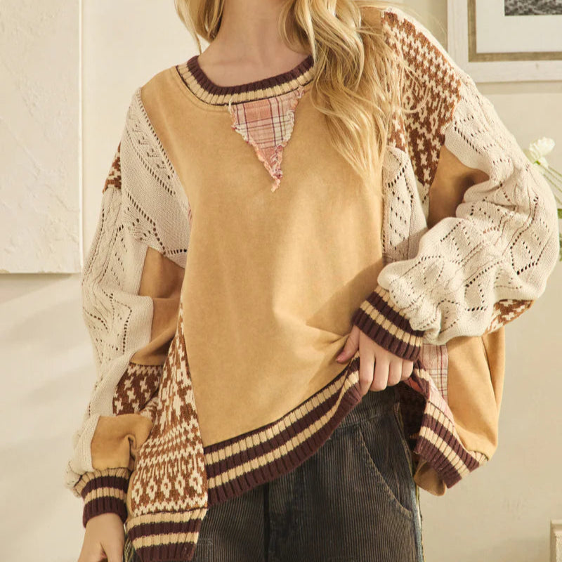 Washed Fabric Mix Sweater Top