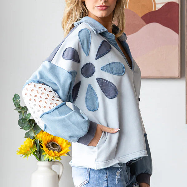 Washed Daisey Patchwork V Neck Long Sleeve Top