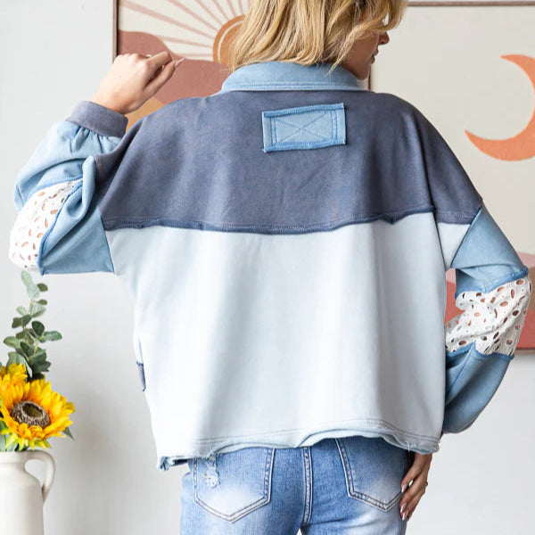 Washed Daisey Patchwork V Neck Long Sleeve Top