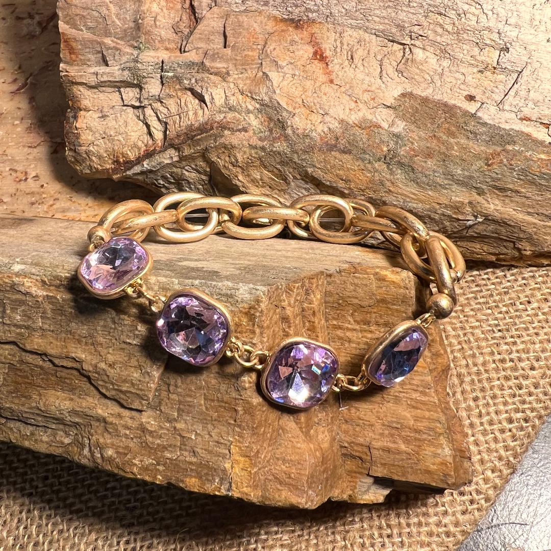 Lavender Rhinestone & Gold Chain Stretch Bracelet
