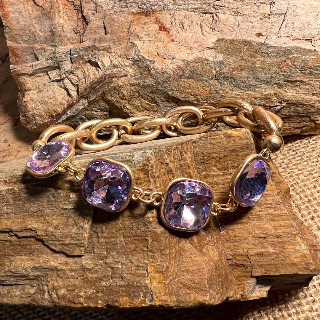 Lavender Rhinestone & Gold Chain Stretch Bracelet
