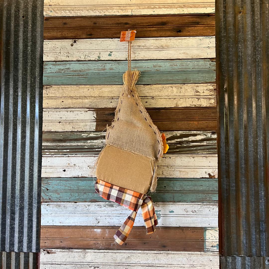 Hanging Scarecrow Head with Pointed Burlap & Raffia Hat