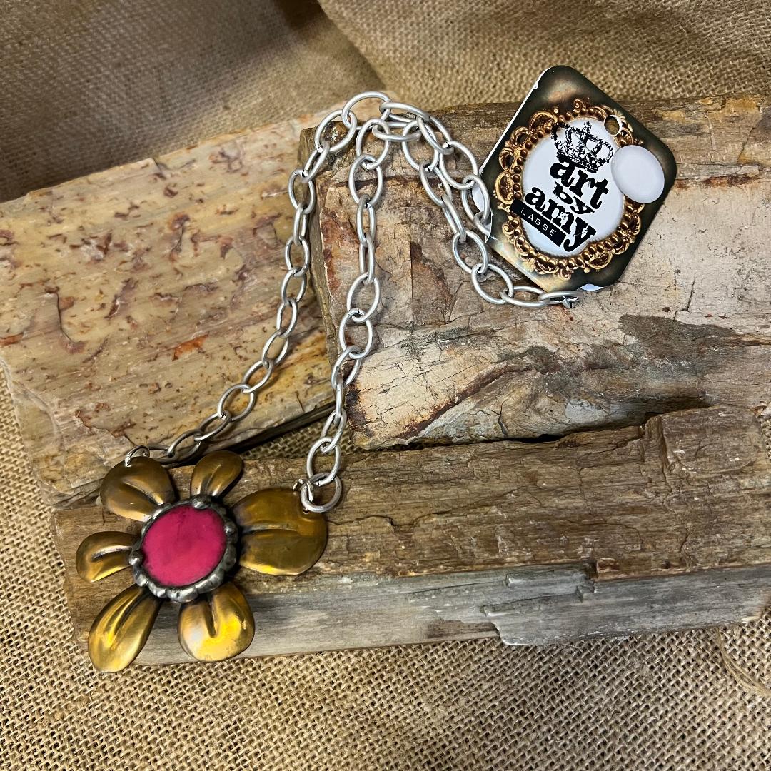Deep Pink Gemstone Daisy and Brass Unforgettable Necklace