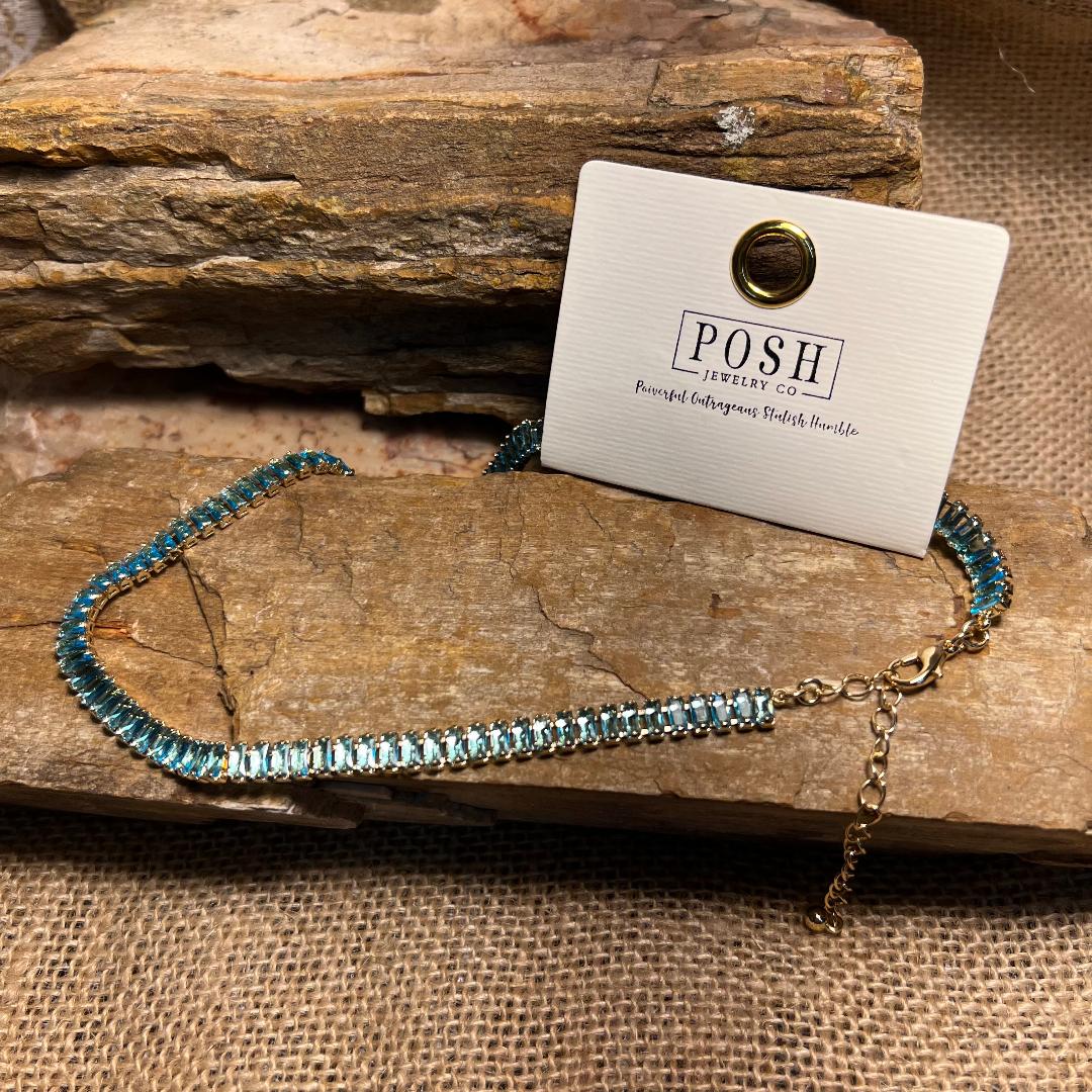Baguette Posh Blue Rhinestone Tennis Necklace
