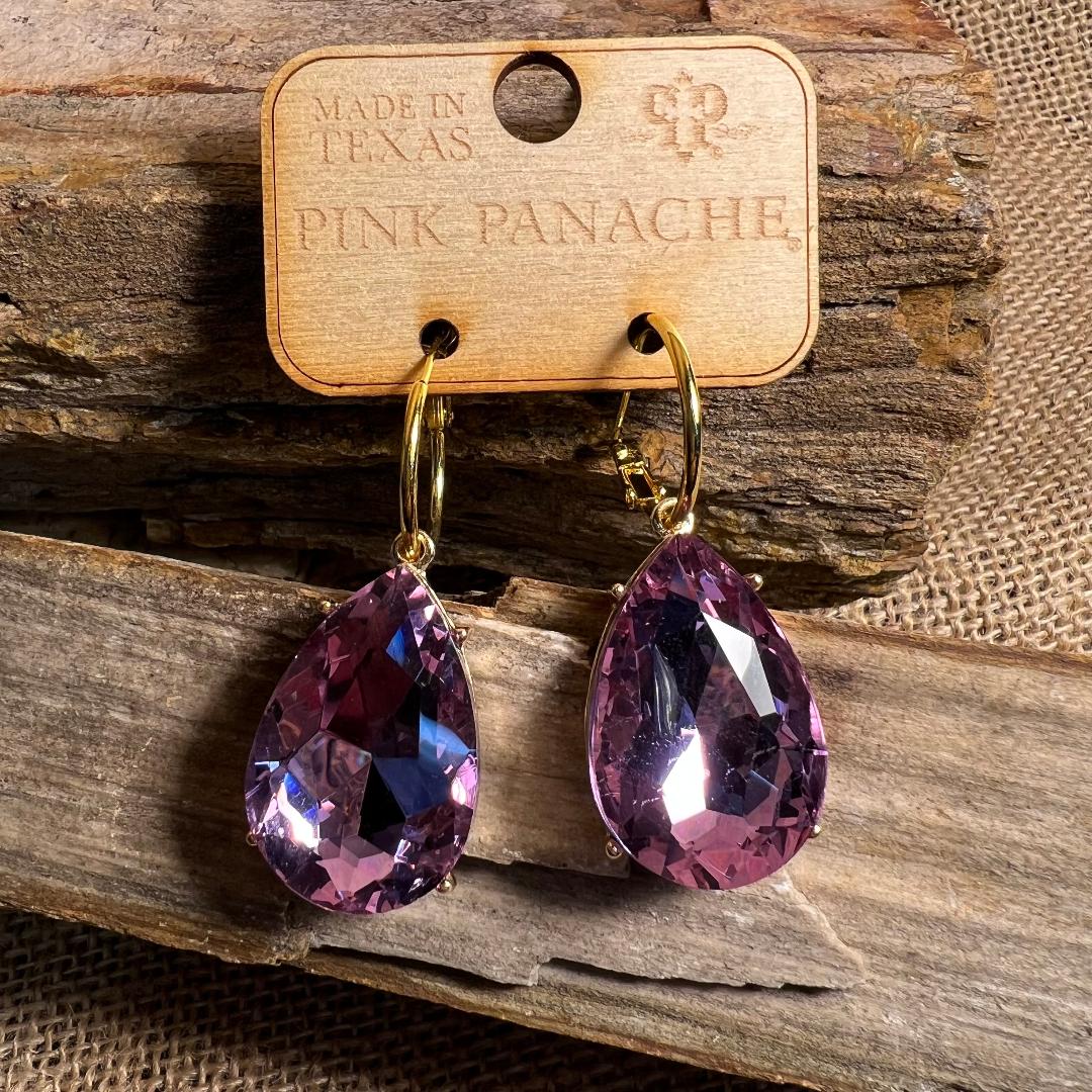 Large Lavender Teardrop Gold Hoop Earrings