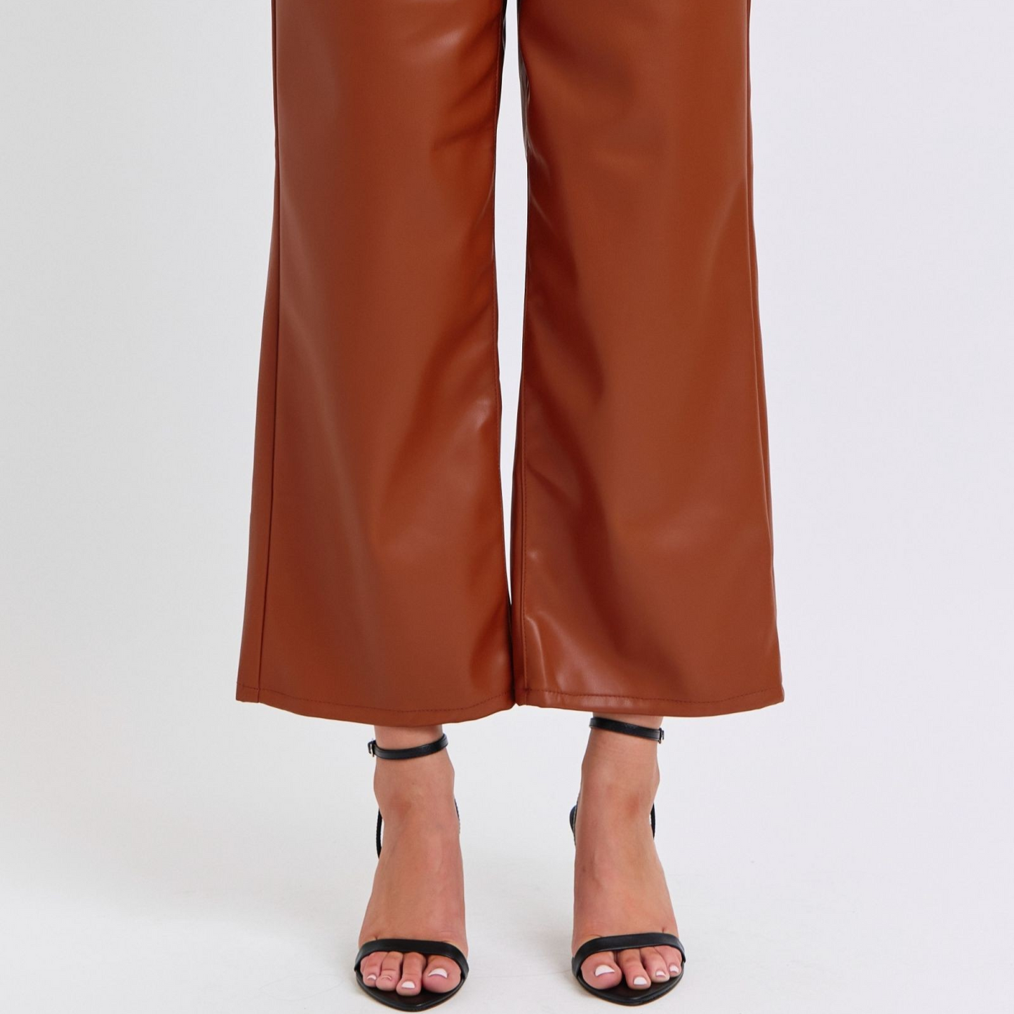 High Waist Tummy Control Camel Faux Leather Crop Wide Leg