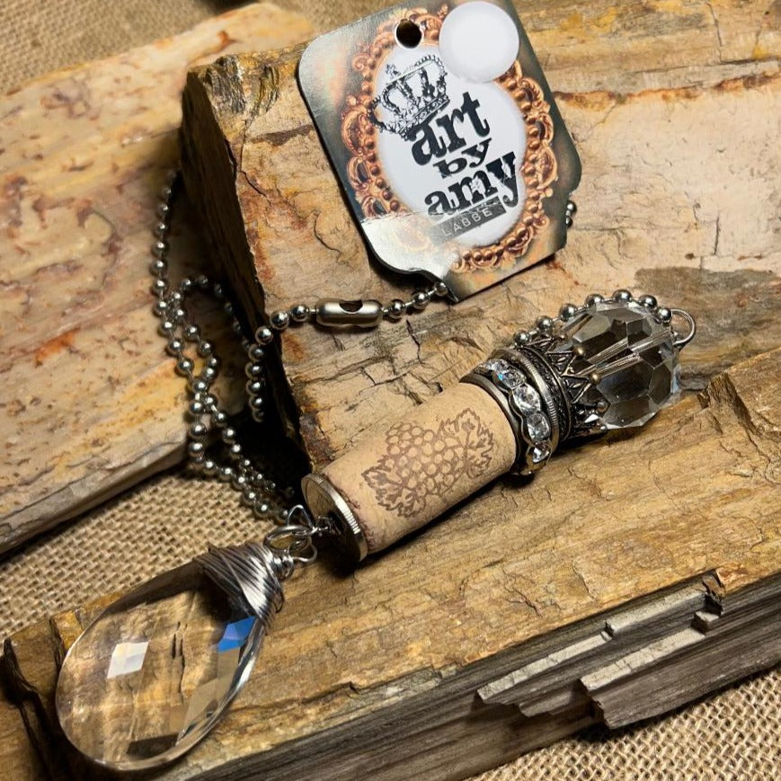 Genuine Wine Cork & Crystals Silver Necklace